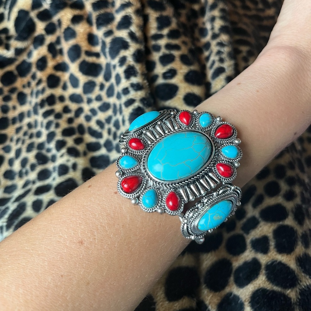 Turquoise and Red Gem Statement Bracelet